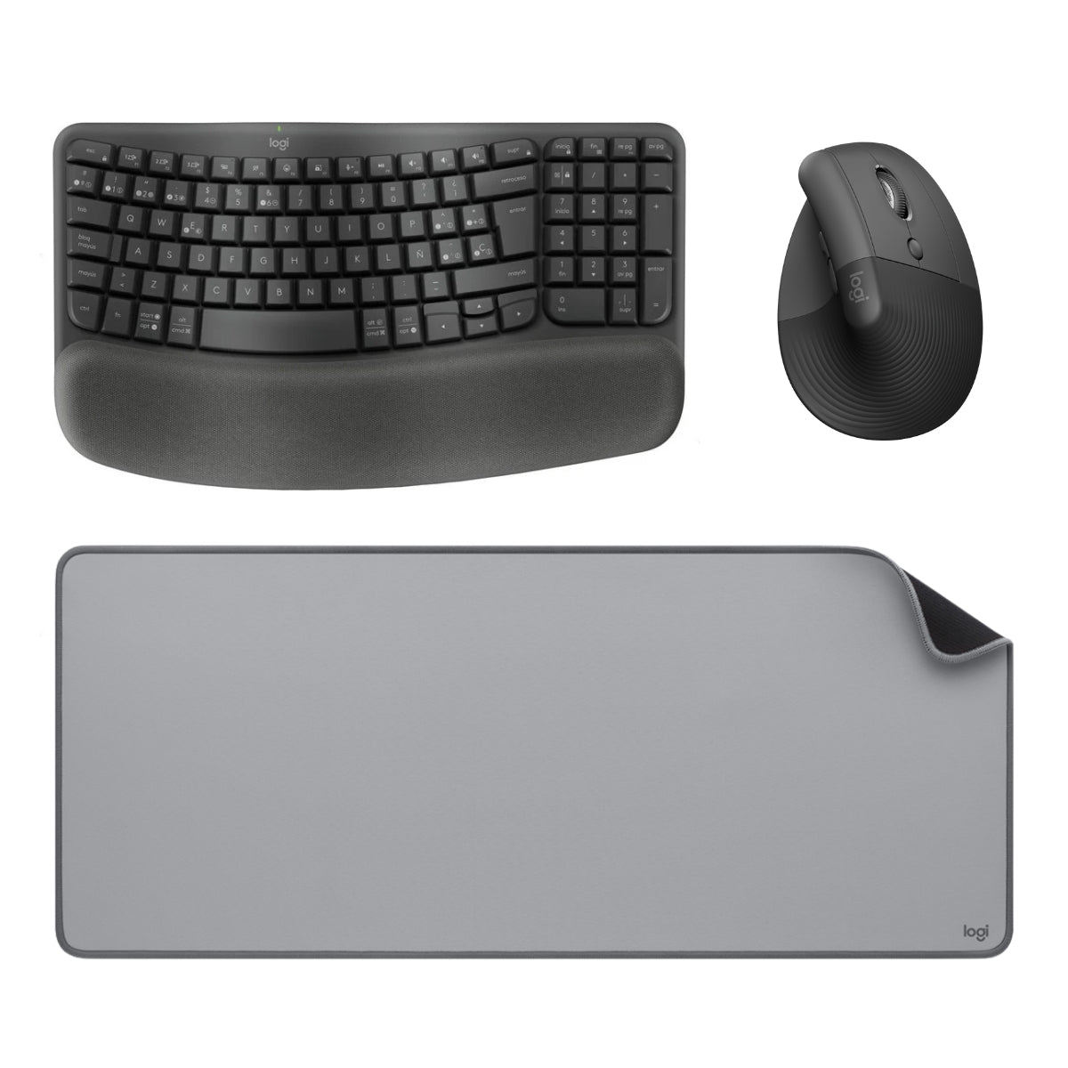 Combo Inalámbrico Logitech Teclado Wave Keys + Mouse Ergonomico Lift + Padmouse DeskMat Gris