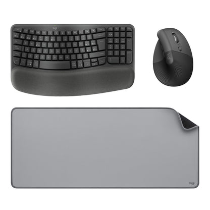 Combo Inalámbrico Logitech Teclado Wave Keys + Mouse Ergonomico Lift + Padmouse DeskMat Gris
