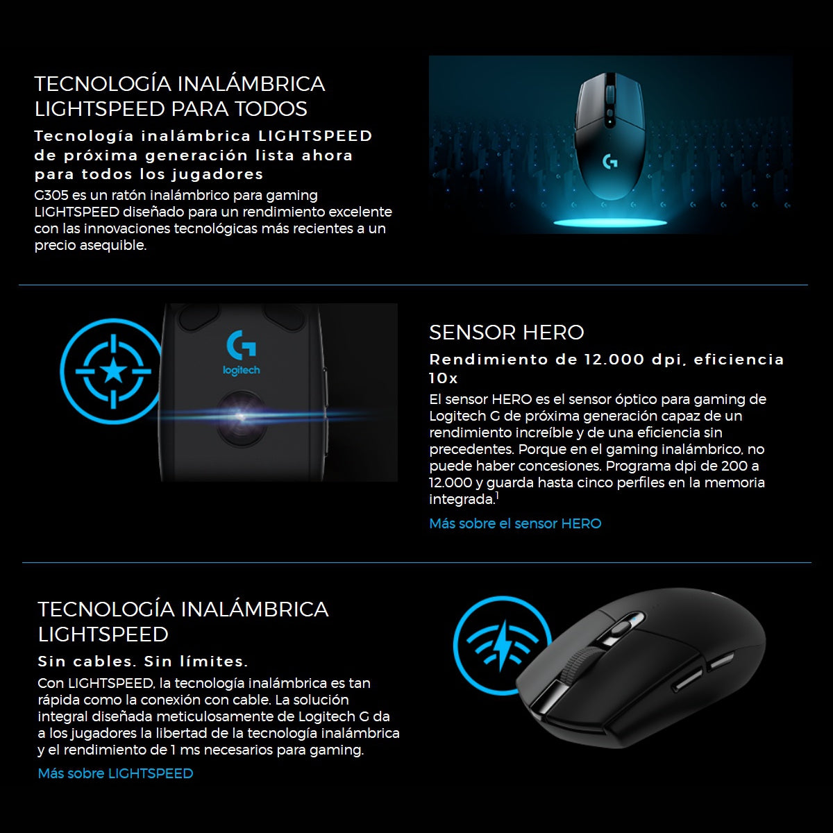 Mouse Gamer Inalámbrico Logitech G305 LIGHTSPEED HERO 12000 DPI 6 Botones - Azul + Pad Mouse Gamer Logitech G240 con Superficie de Tela
