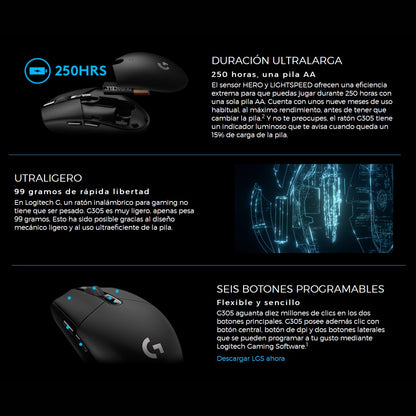 Mouse Gamer Inalámbrico Logitech G305 LIGHTSPEED HERO 12000 DPI 6 Botones - Azul + Pad Mouse Gamer Logitech G240 con Superficie de Tela