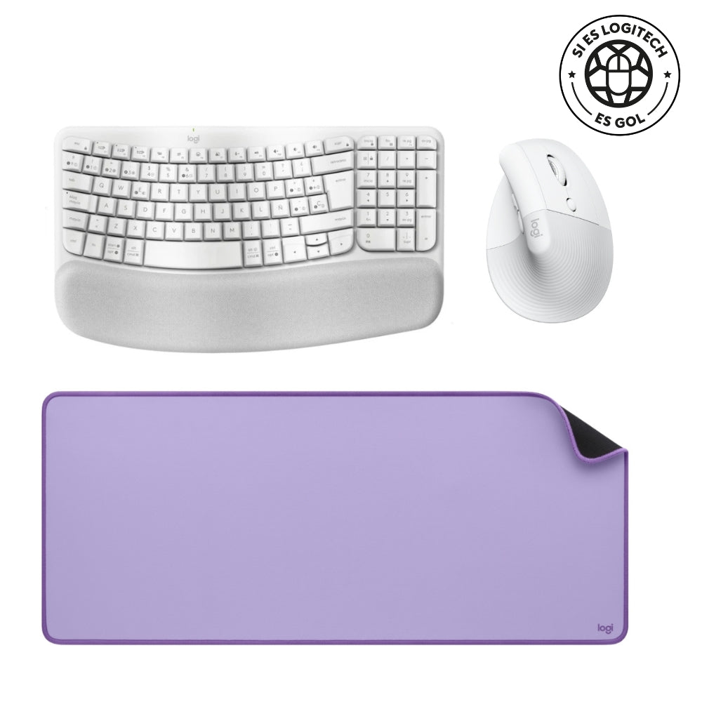 Combo Inalámbrico Logitech Teclado Wave Keys + Mouse Ergonomico Lift + Padmouse DeskMat Lila