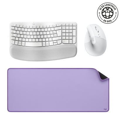 Combo Inalámbrico Logitech Teclado Wave Keys + Mouse Ergonomico Lift + Padmouse DeskMat Lila