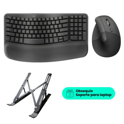 Combo Ergonómico Inalámbrico Teclado Logitech Wave Keys + Mouse Lift, Negro + Obsequio Soporte para Laptop
